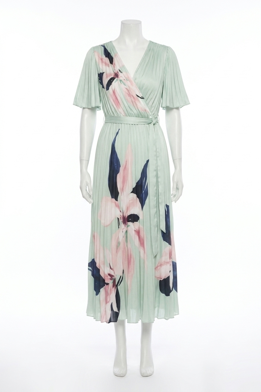 NEW JOSEPH RIBKOFF floral pleated satin maxi dress
